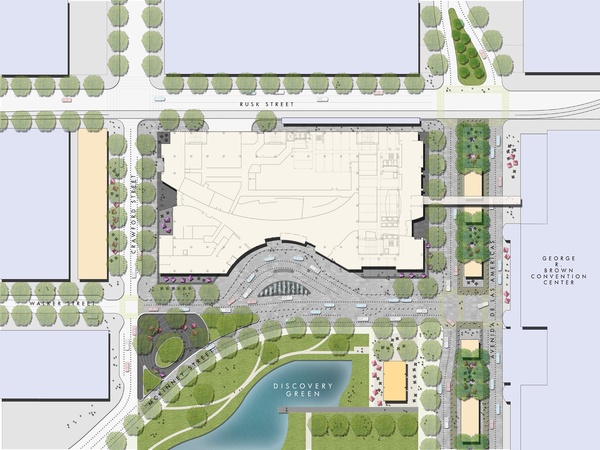 Marriott Marquis Hotel, RIDA Development, Discovery Green, December 2012, Aerial View 01, site plan