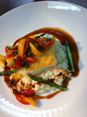 Wedding food trends, February 2013, Seared Sea Bass over Brie & Asiago Risotto, asparagus