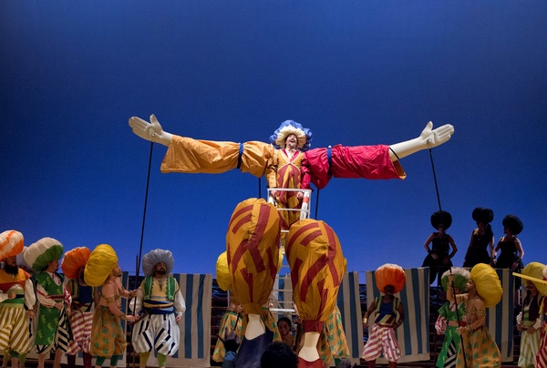 Houston Grand Opera, The Italian Girl in Algiers, October 2012, Daniel Belcher (Taddeo) is appointed Kaimakan by Patrick Carfizzi (Mustafa) in in Act II of Houston Grand Opera’s production of The Italian Girl in Algiers