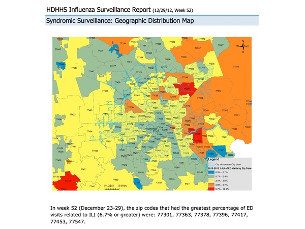 Houston, flu map, by ZIP code, January 2013