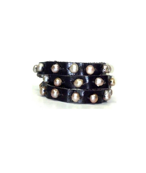 NAKAMOL LEATHER STRAP WITH PINK PEARL WRAP BRACELET