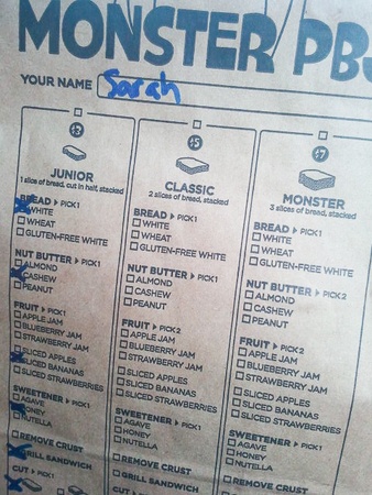 sandwich food truck Monster PBJ, menu
