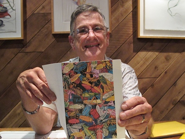 1, Katie Oxford, Stephen Humble, February 2013, Stephen Humble and one of his cards called “Bug Rug.”