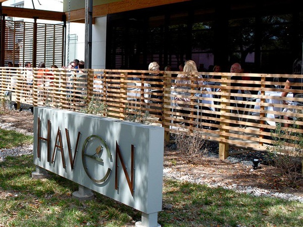 Haven, patio, crowd, sign