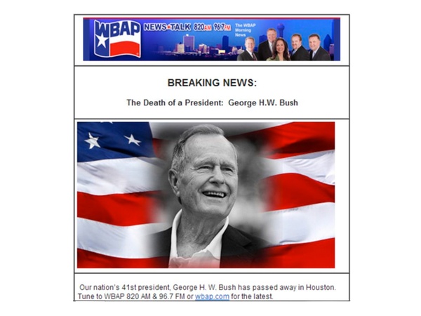 George H.W. Bush, false death announcement, WBAP, December 2012