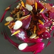 Oxheart, beets from Emile Street Garden with savory granola, wheatberries and bitter almond