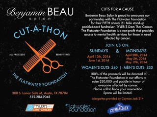 flyer for Benjamin Beau Salon's cut-a-thon to benefit Flatwater foundation