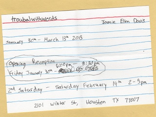 Fresh Arts opening reception: troublewithwords by Jamie Ellen Davis