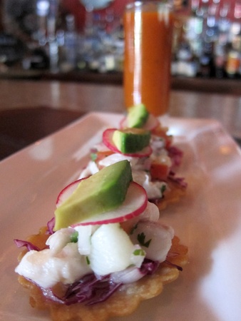 Marcy, happy hour deals with food, August 2012, Mockingbird Bistro, mini snapper ceviche tostadas