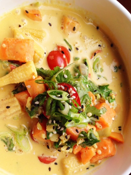 Lillo and Ella restaurant Kevin Naderi May 2014 mustard green and yam in Thai coconut sauce chili with baby corn and herbs