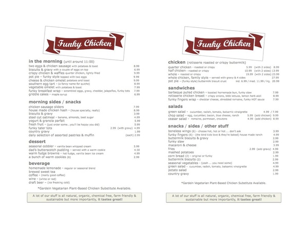 Funky Chicken, Bradley Ogden, menu